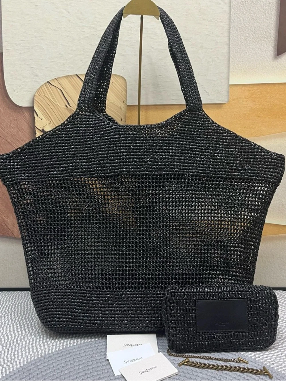 Saint Laurent Black Woven Tote with Gold YSL Accent and Matching Wallet